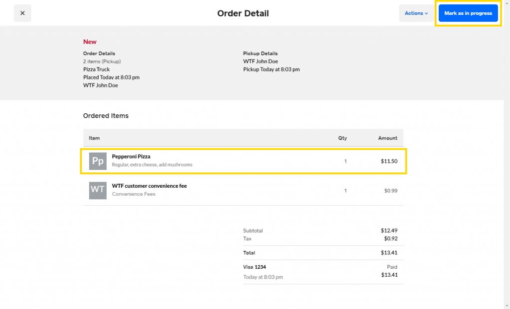order details not started in foodtruck pos