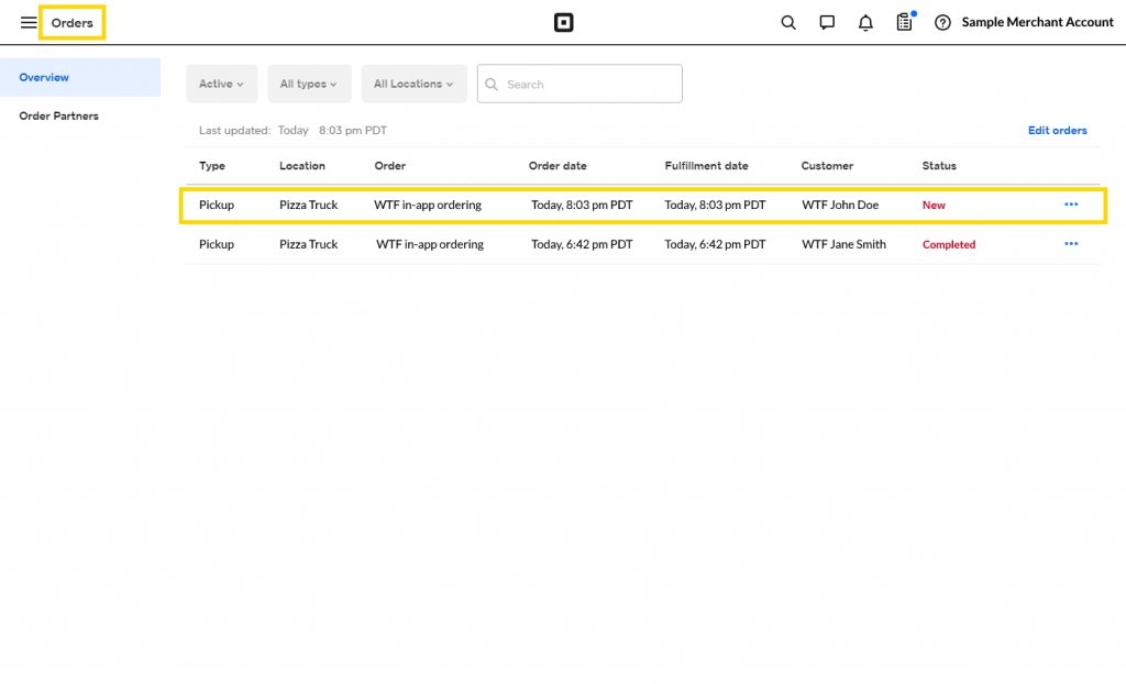 orders dashboard in foodtruck POS